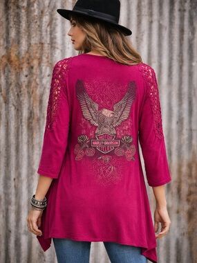 Harley-Davidson Burgundy Lace Sleeve Open Cardigan Eagle Graphic Studded Boho